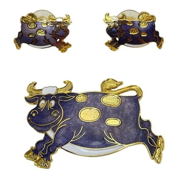 R.O.C Jewelry - Cloisonné Purple Cow Brooch Hypo-Allergenic Earrings
